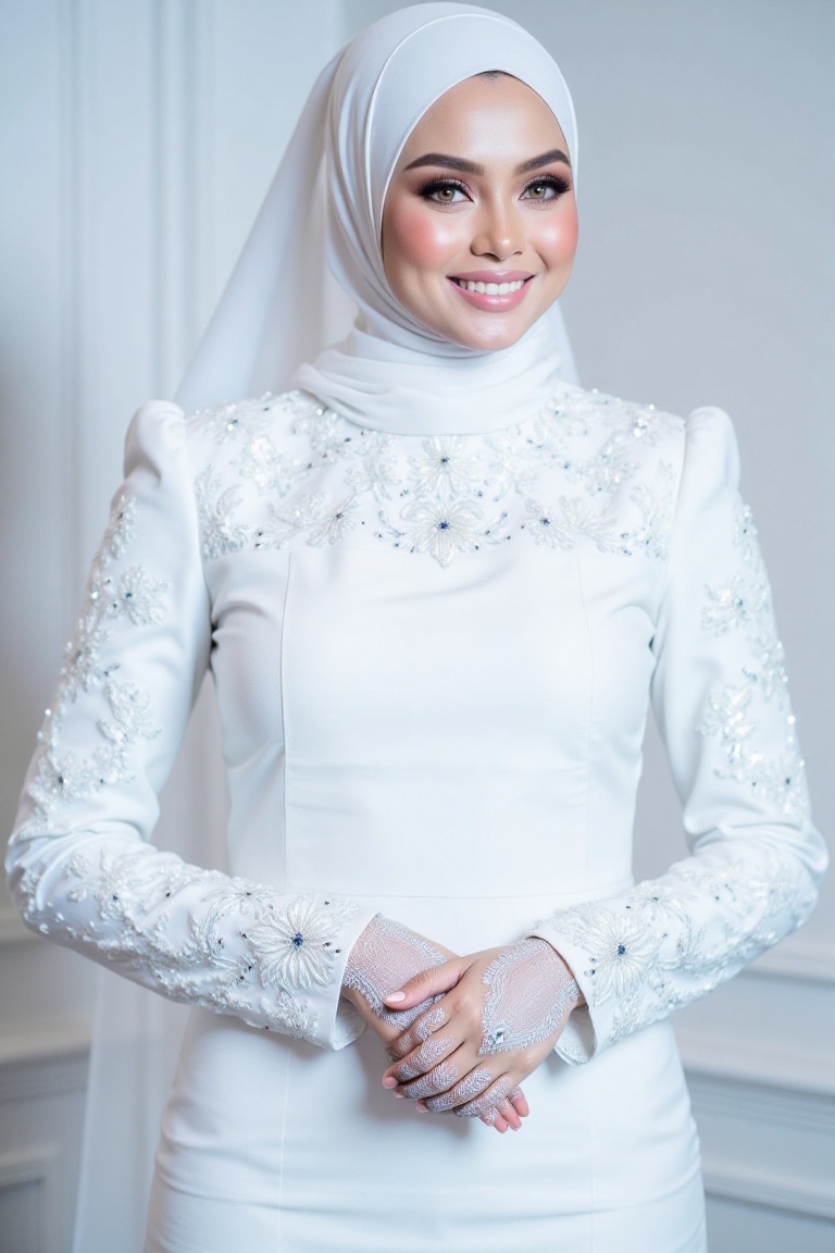 The three-quarter view close-up shot image portrays a woman with a radiant smile and a flawless complexion,  exuding elega...
