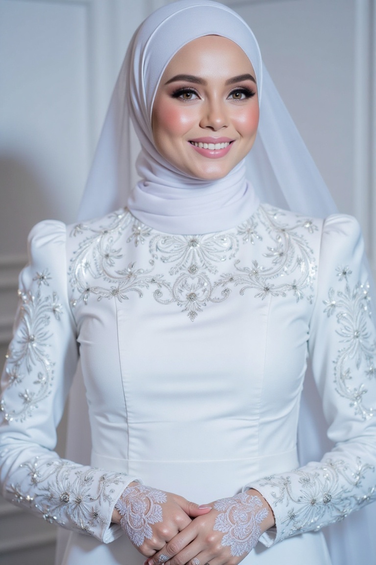 The three-quarter view close-up shot image portrays a woman with a radiant smile and a flawless complexion,  exuding elega...