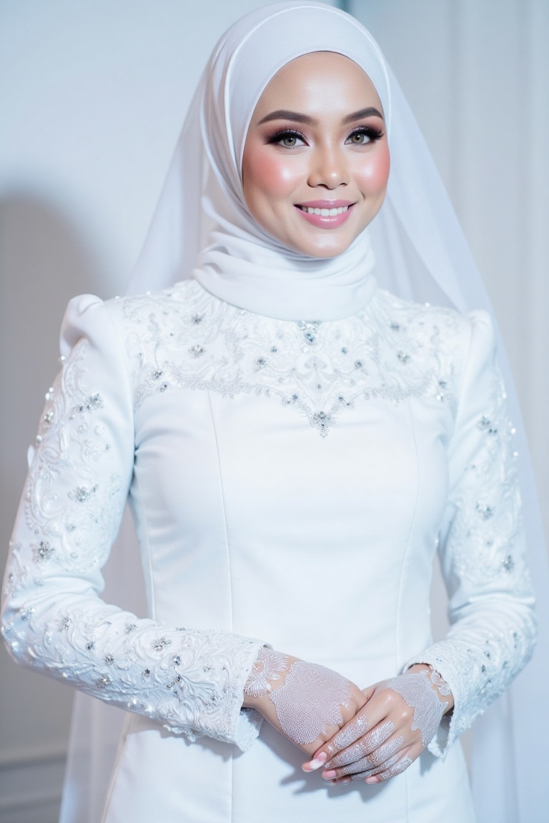 The three-quarter view close-up shot image portrays a woman with a radiant smile and a flawless complexion,  exuding elega...
