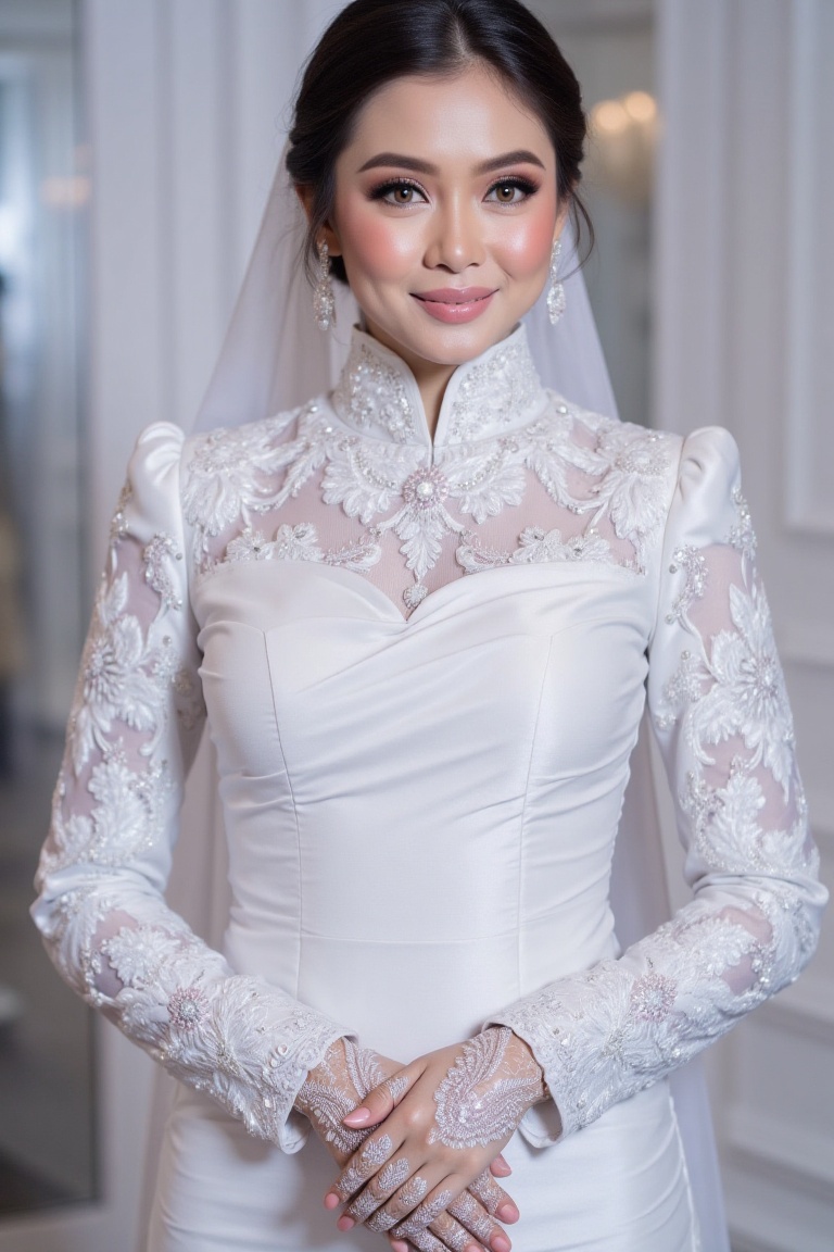 The three-quarter view close-up shot image portrays a woman with a radiant smile and a flawless complexion,  exuding elega...