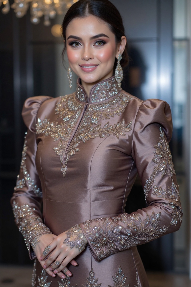 The three-quarter view close-up shot image portrays a woman with a radiant smile and a flawless complexion,  exuding elega...