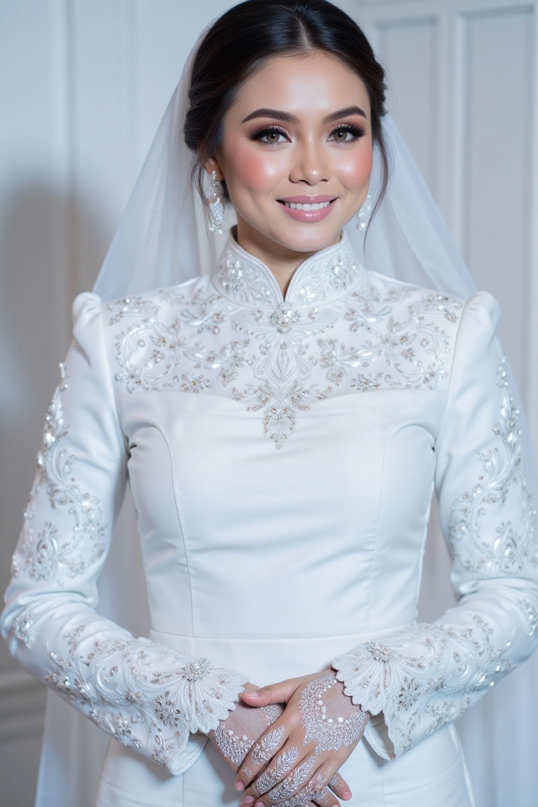 The three-quarter view close-up shot image portrays a woman with a radiant smile and a flawless complexion,  exuding elega...