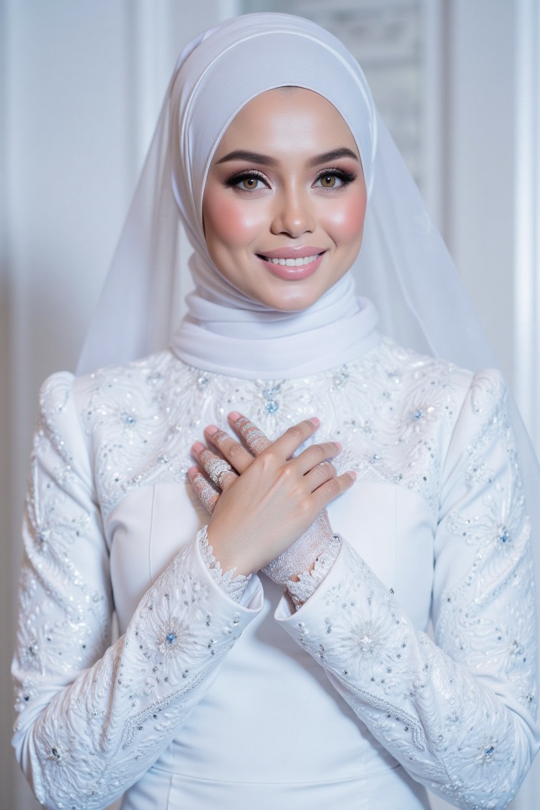 The three-quarter view close-up shot image portrays a woman with a radiant smile and a flawless complexion,  exuding elega...