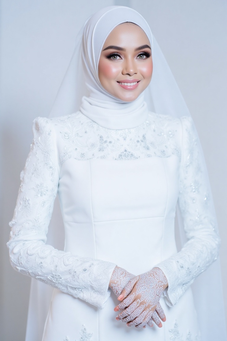 The three-quarter view close-up shot image portrays a woman with a radiant smile and a flawless complexion,  exuding elega...