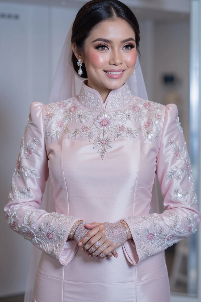 The three-quarter view close-up shot image portrays a woman with a radiant smile and a flawless complexion,  exuding elega...