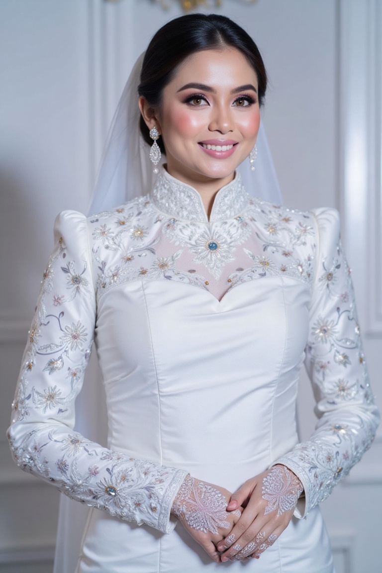 The three-quarter view close-up shot image portrays a woman with a radiant smile and a flawless complexion,  exuding elega...