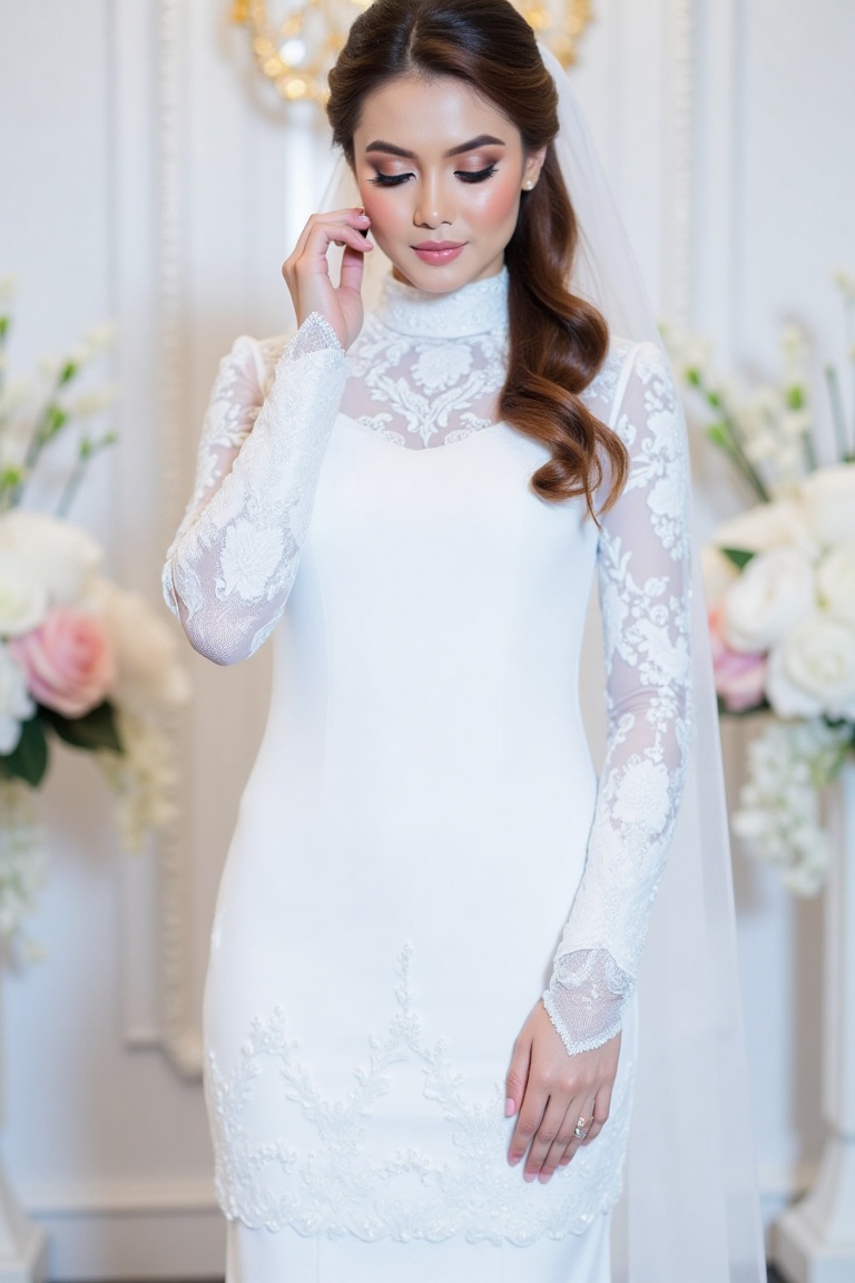 The woman in the image has a graceful and elegant appearance. Her face is delicate,  with soft,  refined features on Tenso...