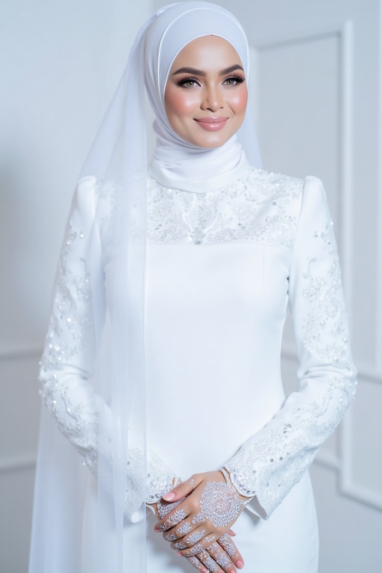 The three-quarter view close-up shot image portrays a woman with a radiant smile and a flawless complexion,  exuding elega...