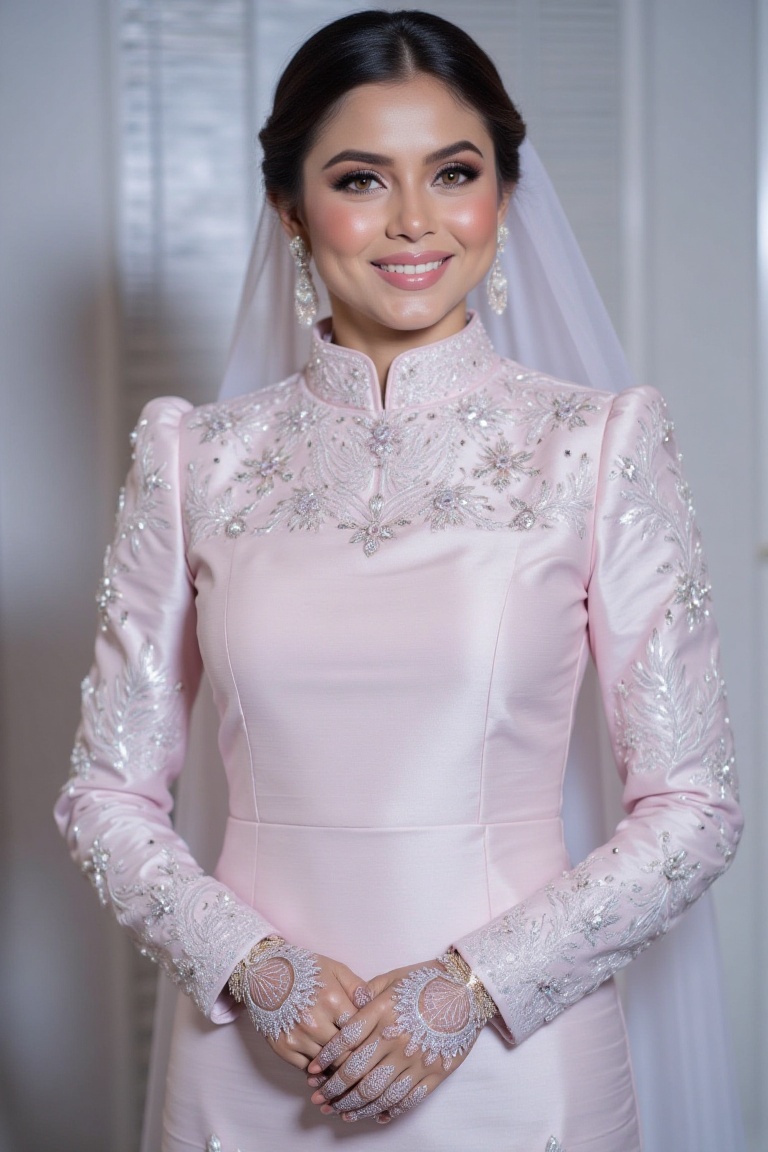 The three-quarter view close-up shot image portrays a woman with a radiant smile and a flawless complexion,  exuding elega...