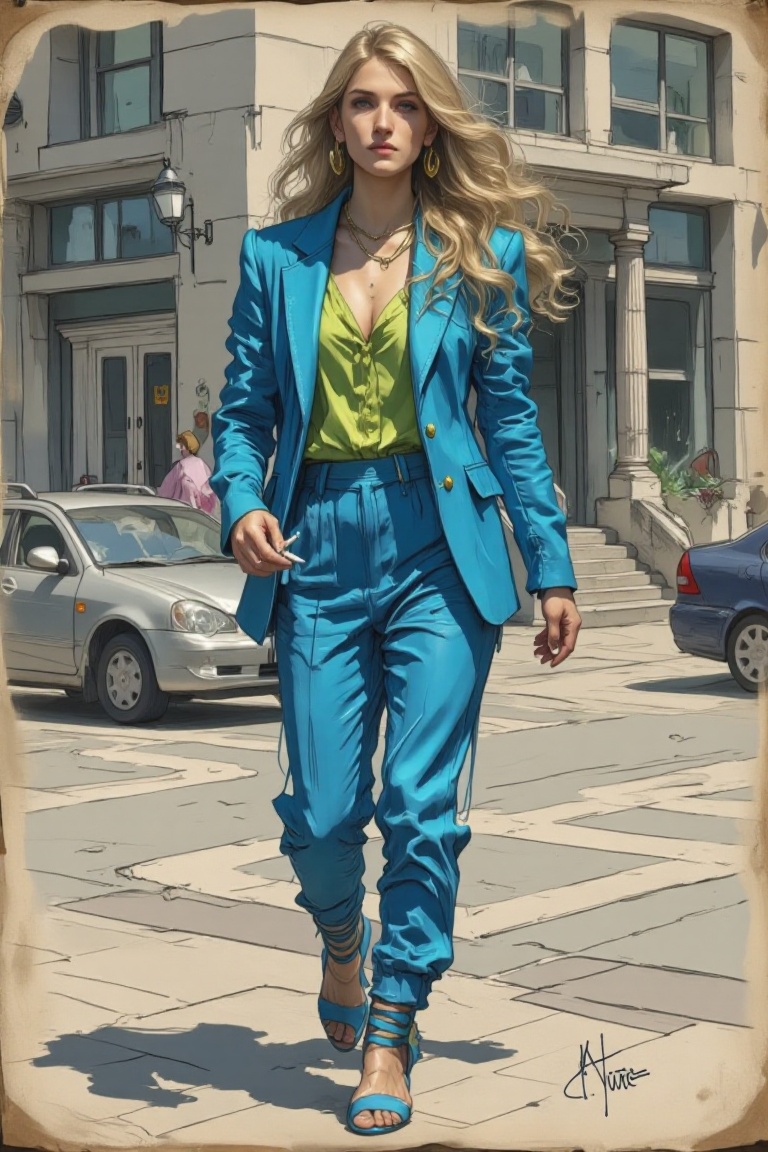 The image shows a person walking on a city street. They are wearing a bright blue suit consisting of a blazer and matching...