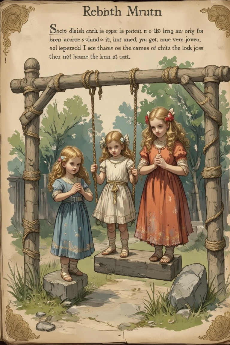 The image depicts three children on a swing set in an outdoor setting. The child on the left is wearing a blue dress and s...