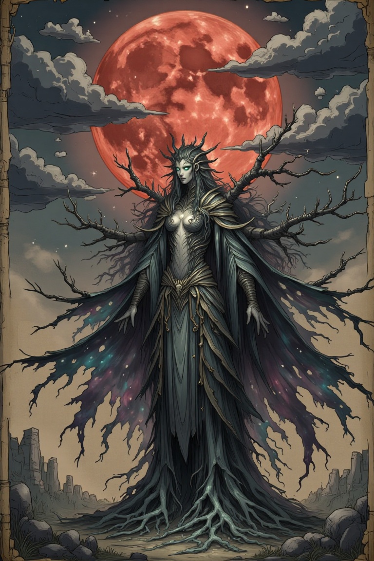 The image depicts a mystical figure standing in a dramatic landscape. The figure is adorned in intricate,  dark,  and flow...