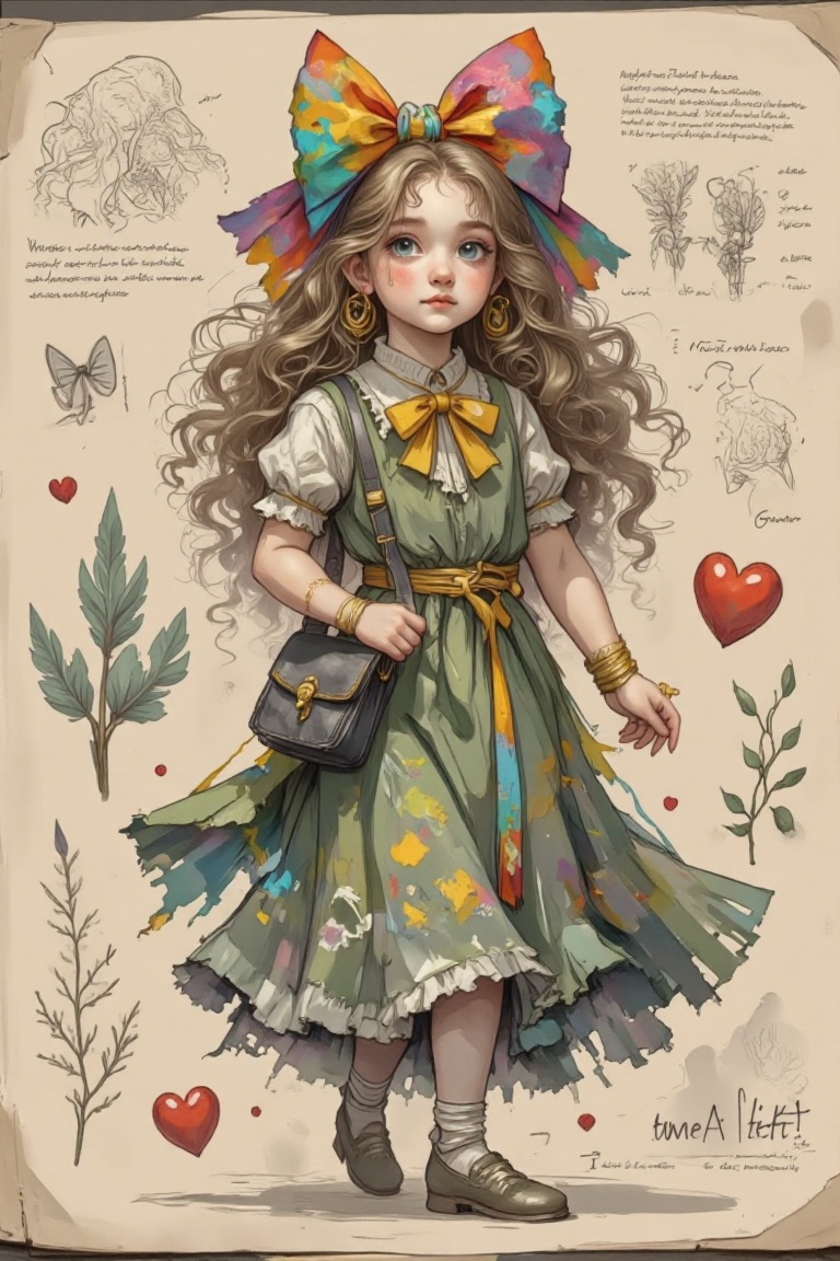 The image depicts a whimsical,  cartoon-style illustration of a young girl with a large,  colorful bow on her head. She ha...