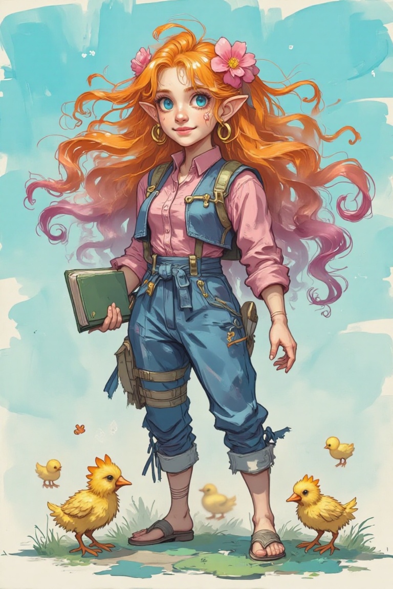 The image depicts a vibrant,  cartoon-style character with long,  flowing hair that transitions from orange to pink. The c...