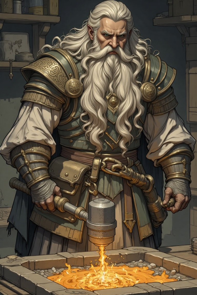 The image depicts a fantasy scene where a bearded man with long white hair and a beard is engaged in metalworking. He is w...