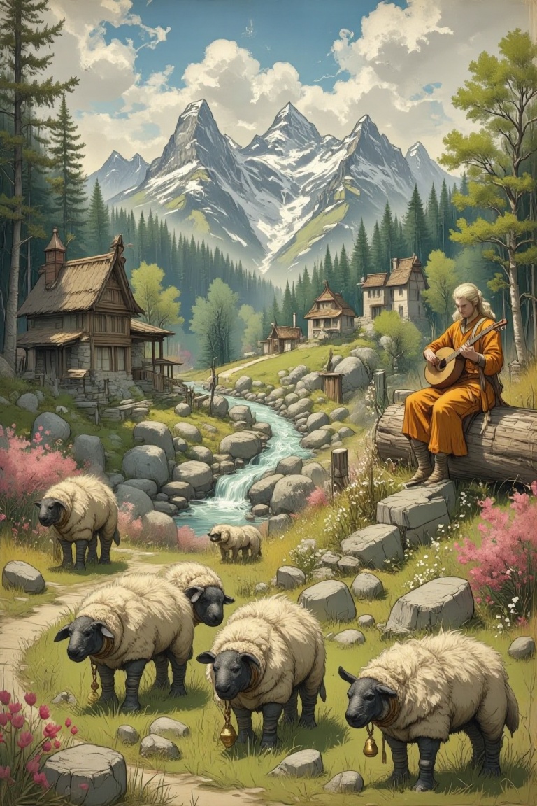 The image depicts a serene countryside scene with a person playing a string instrument,  likely a lute,  while sitting on...