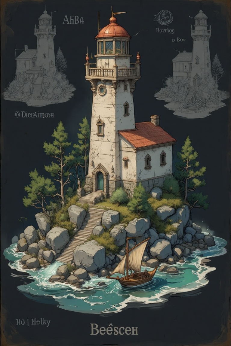 The image depicts a detailed model of a lighthouse situated on a rocky island surrounded by trees. The lighthouse is white...