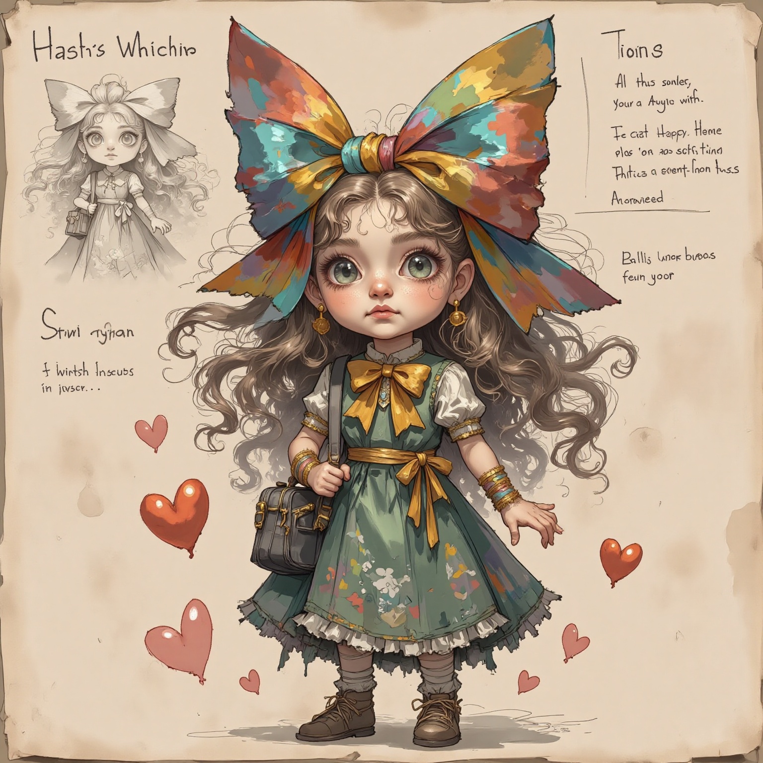The image depicts a whimsical,  cartoon-style illustration of a young girl with a large,  colorful bow on her head. She ha...
