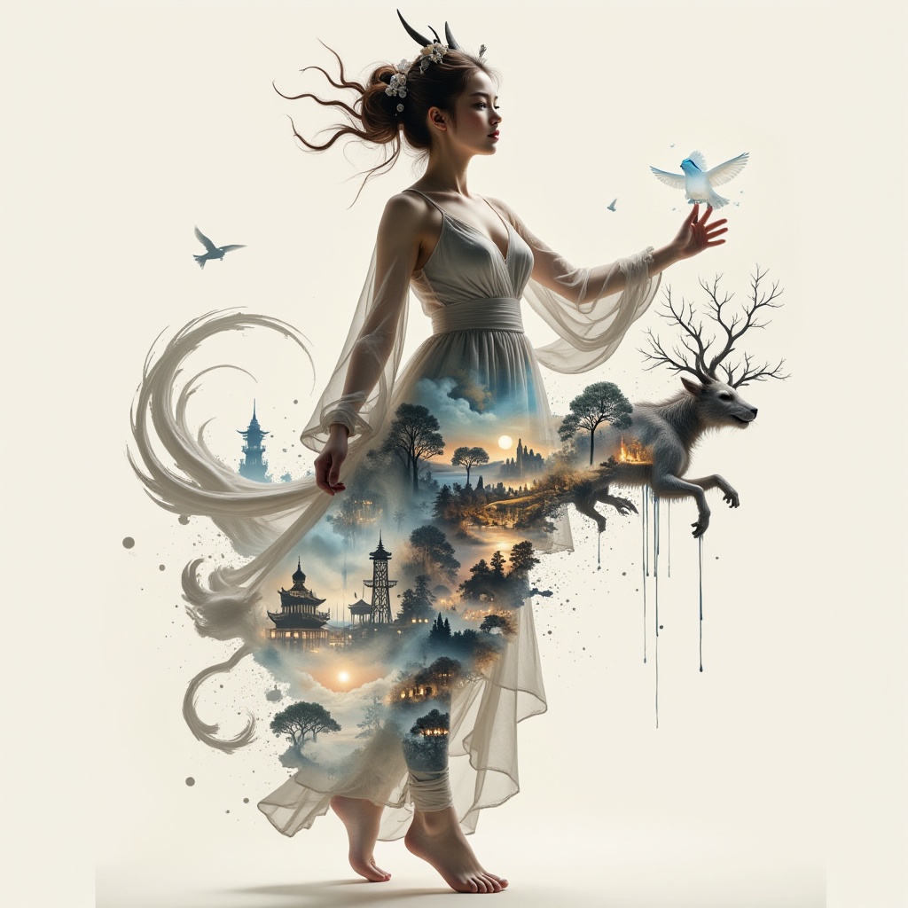 Surreal digital illustration painting in the style of Asa CHEN,  image view,  beautiful girl in a gauze dress on Tensor.Art