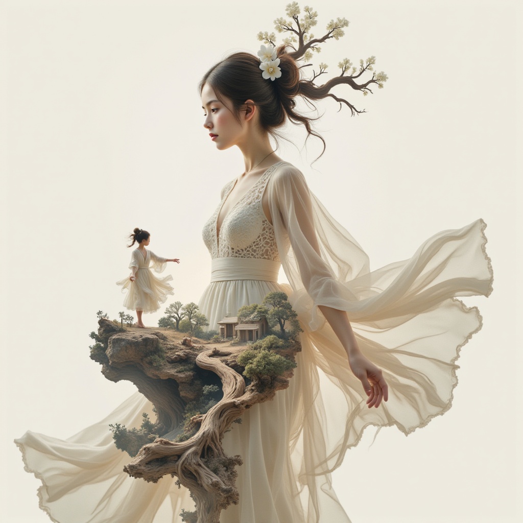 Surreal digital illustration painting in the style of Asa CHEN,  image view,  beautiful girl in a gauze dress on Tensor.Art