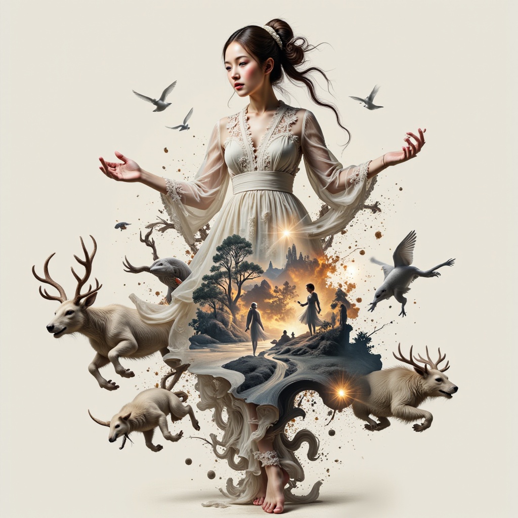 Surreal digital illustration painting in the style of Asa CHEN,  image view,  beautiful girl in a gauze dress on Tensor.Art