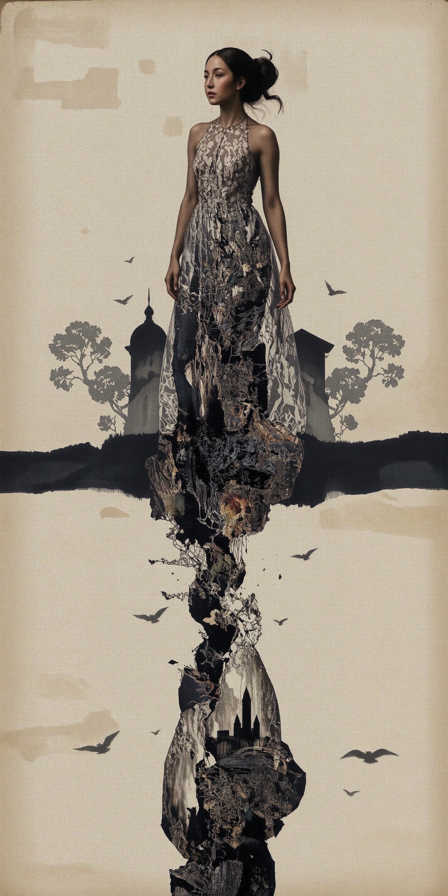 Surreal digital illustration painting in the style of Asa CHEN,  image view,  beautiful girl in a gauze dress on Tensor.Art