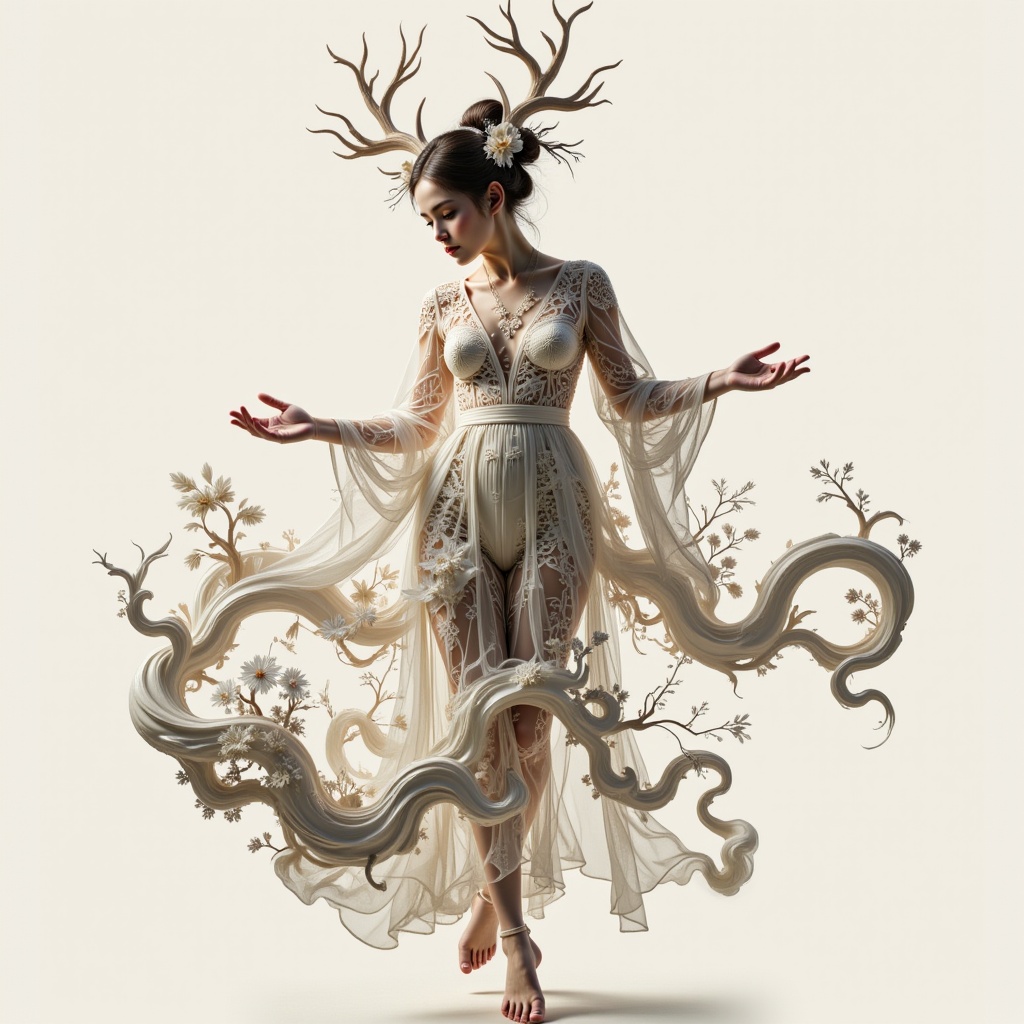Surreal digital illustration painting in the style of Asa CHEN,  image view,  beautiful girl in a gauze dress on Tensor.Art