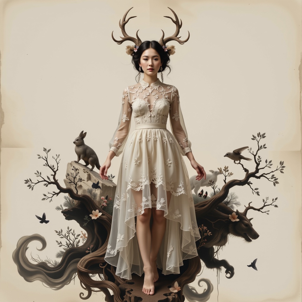 Surreal digital illustration painting in the style of Asa CHEN,  image view,  beautiful girl in a gauze dress on Tensor.Art