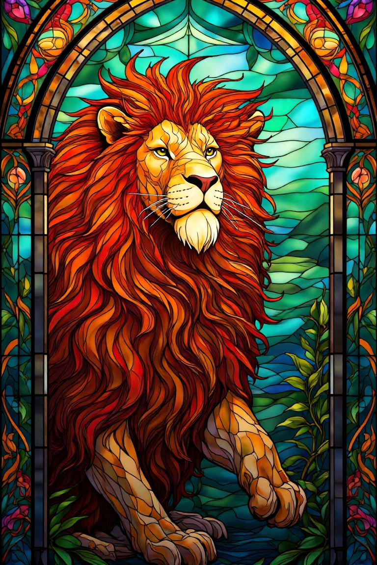 A majestic lion's face is illuminated by vibrant stained glass hues in a beautifully crafted window. The regal predator's...