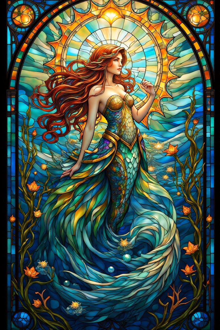 A majestic mermaid emerges from a kaleidoscope of colors in a stunning stained glass depiction. Amidst swirling blues and...
