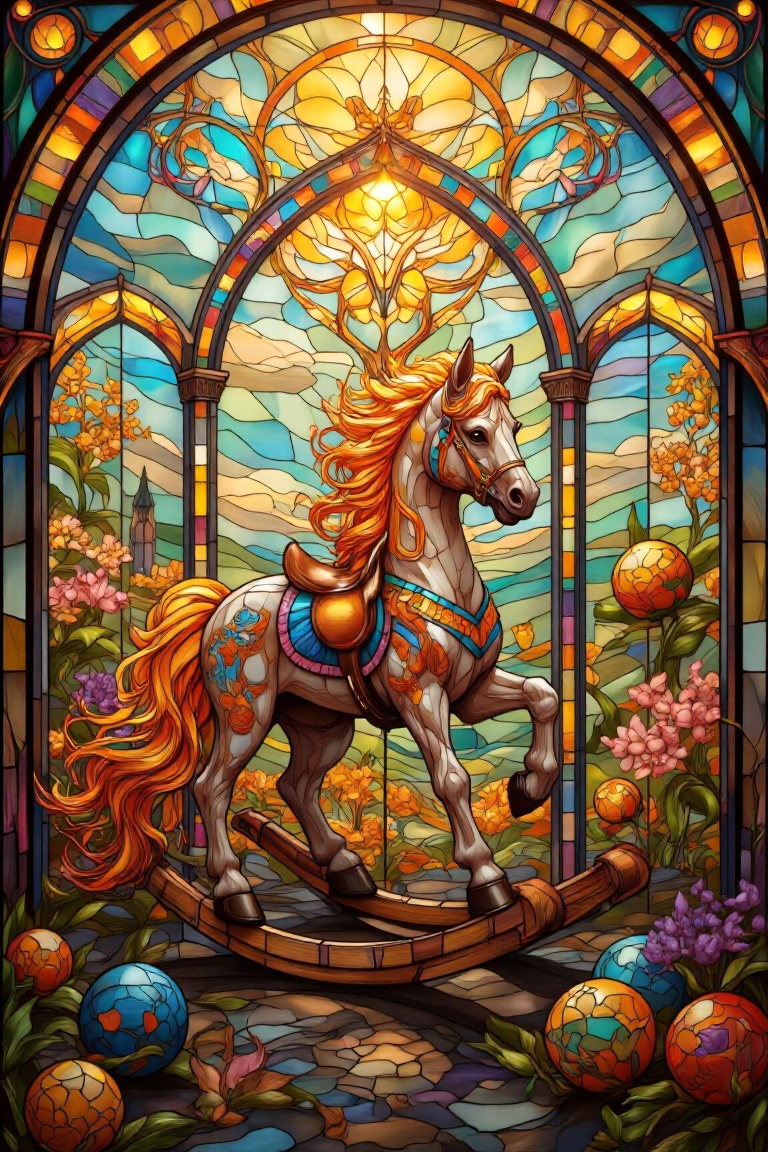 "A stained glass window design depicting a whimsical playroom bathed in soft,  diffused sunlight. The window is composed o...