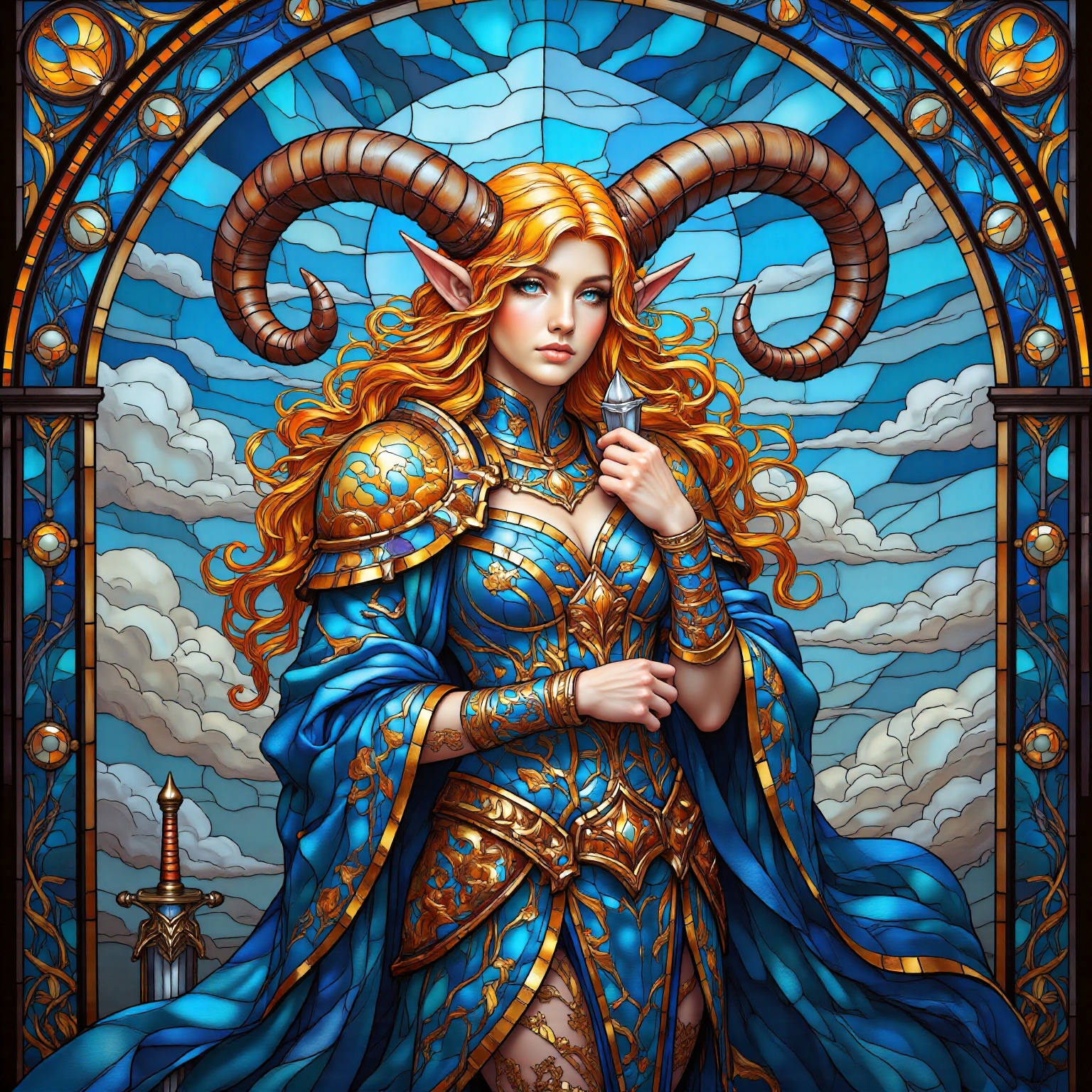 a vibrant painting of a white female warrior,  dressed in a blue coat,  adorned with gold accents. Her coat is draped in a...