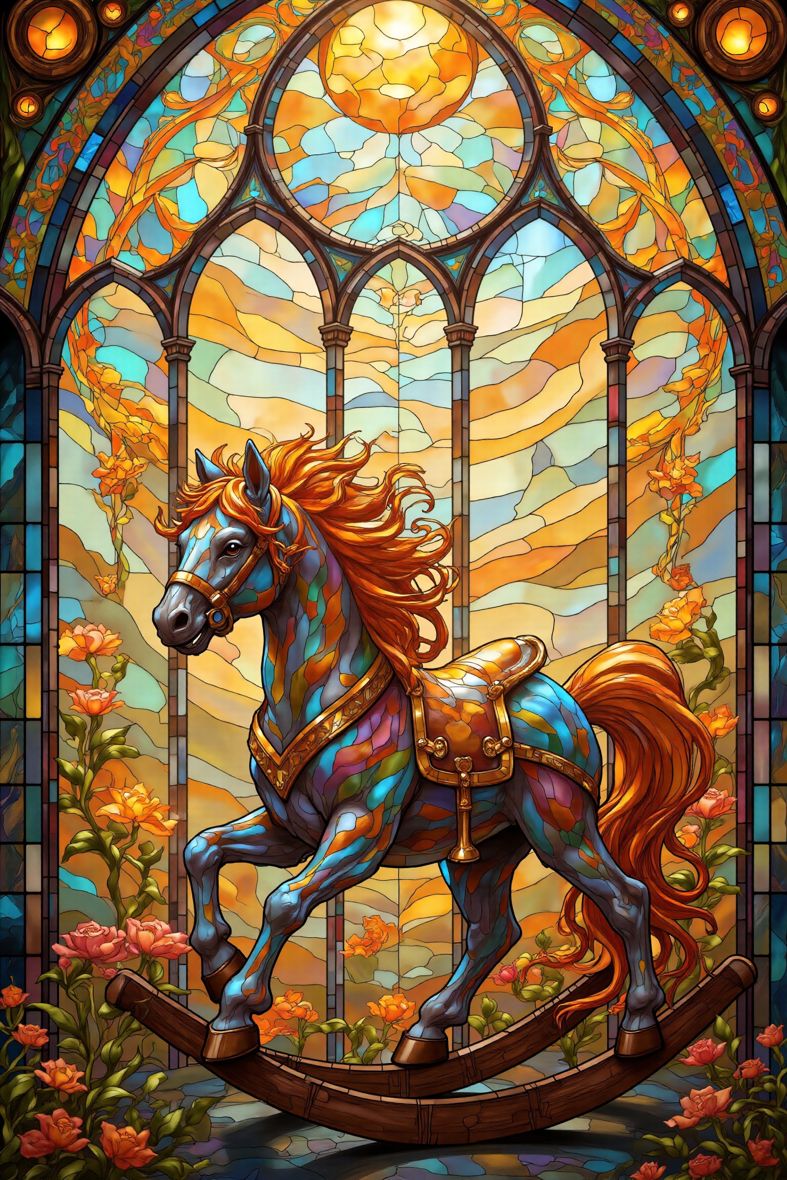 "A stained glass window design depicting a whimsical playroom bathed in soft,  diffused sunlight. The window is composed o...