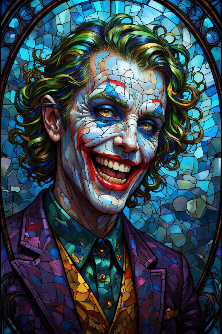 Close-up portrait of the Joker's sinister face,  illuminated by a kaleidoscope of stained glass colors and textures. His m...
