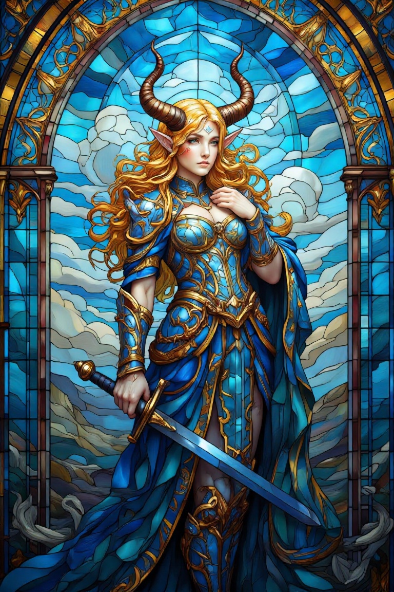 a vibrant painting of a white female warrior,  dressed in a blue coat,  adorned with gold accents. Her coat is draped in a...