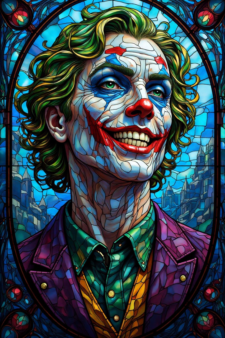 Close-up portrait of the Joker's sinister face,  illuminated by a kaleidoscope of stained glass colors and textures. His m...