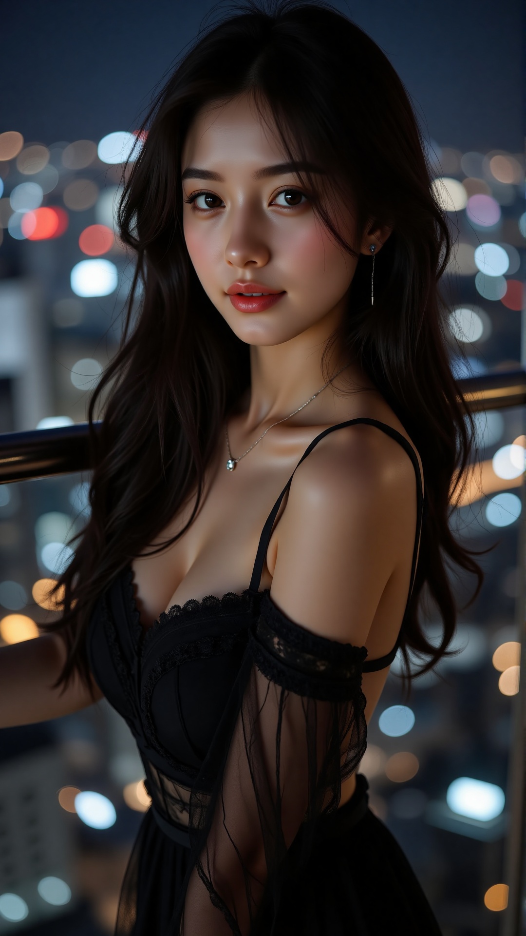 Visualize an extremely detailed,  breathtaking potrait of a young woman with lustrous long black hair and radiant fair whi...