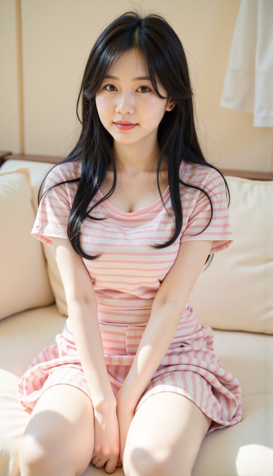 A Beautiful Asian girl with long black hair wearing a pink and white striped t-shirt. She is sitting on the edge of a plus...