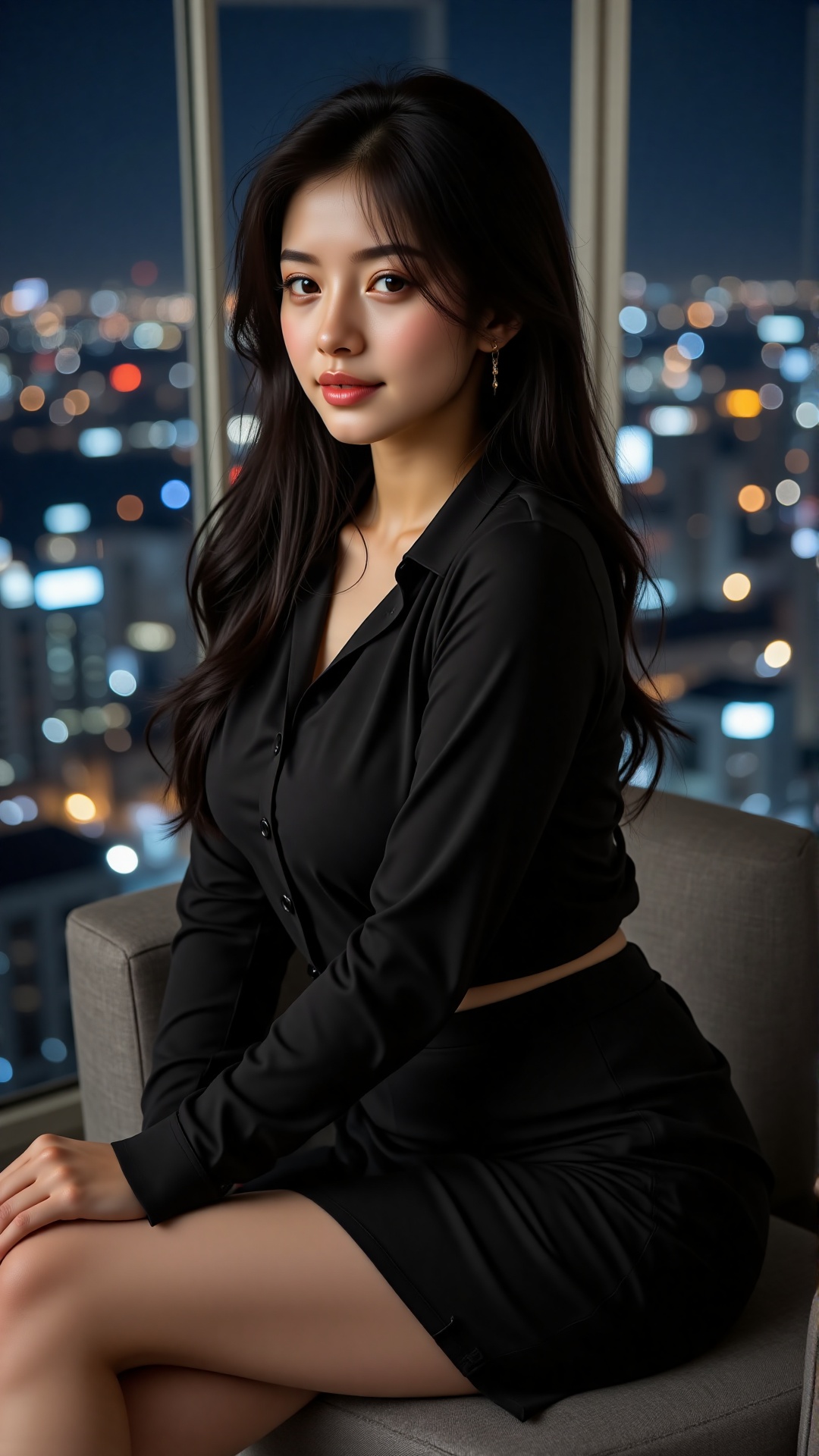 Visualize an extremely detailed,  breathtaking potrait of a young woman with lustrous long black hair and radiant fair whi...
