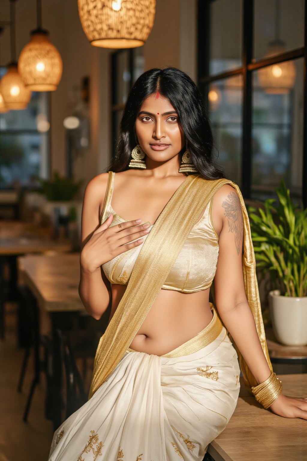 A young Indian woman sits confidently in a warmly lit café,  adorned with a small red bindi and silver jhumka earrings. He...