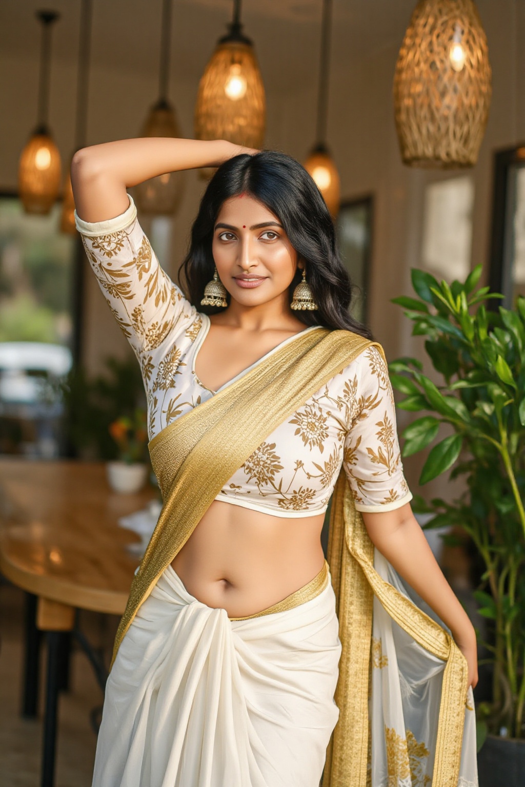 A highly realistic portrait of a young Indian woman in a traditional white and gold Kerala saree,  on hand up,  one hand o...
