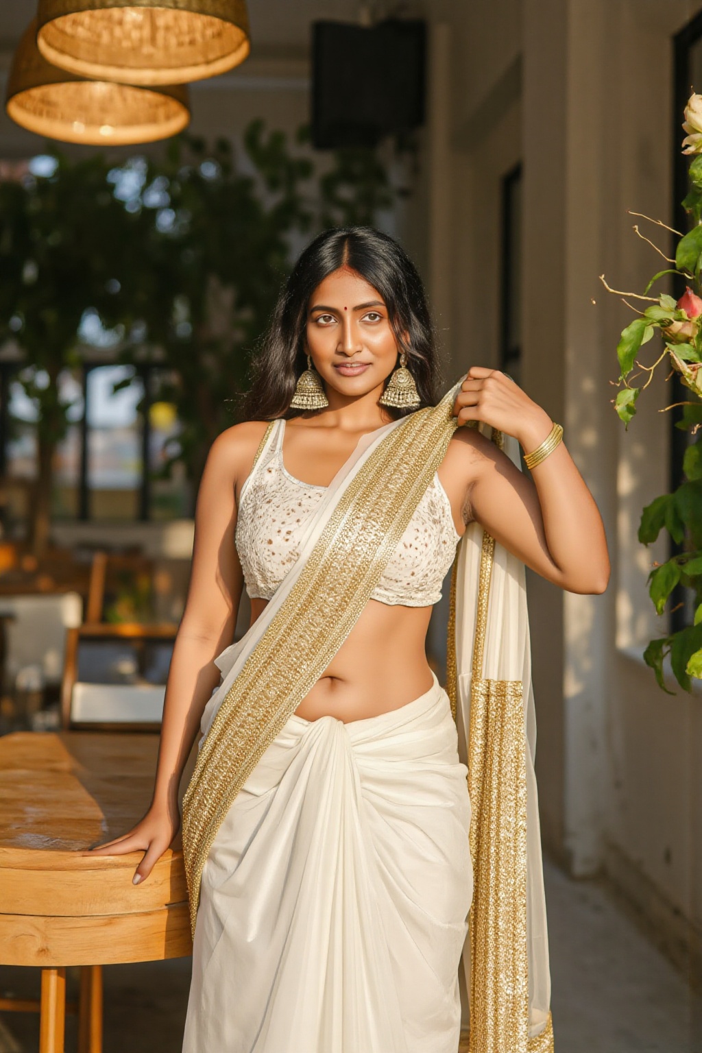 A highly realistic portrait of a young Indian woman in a traditional white and gold Kerala saree,  on hand up,  one hand o...