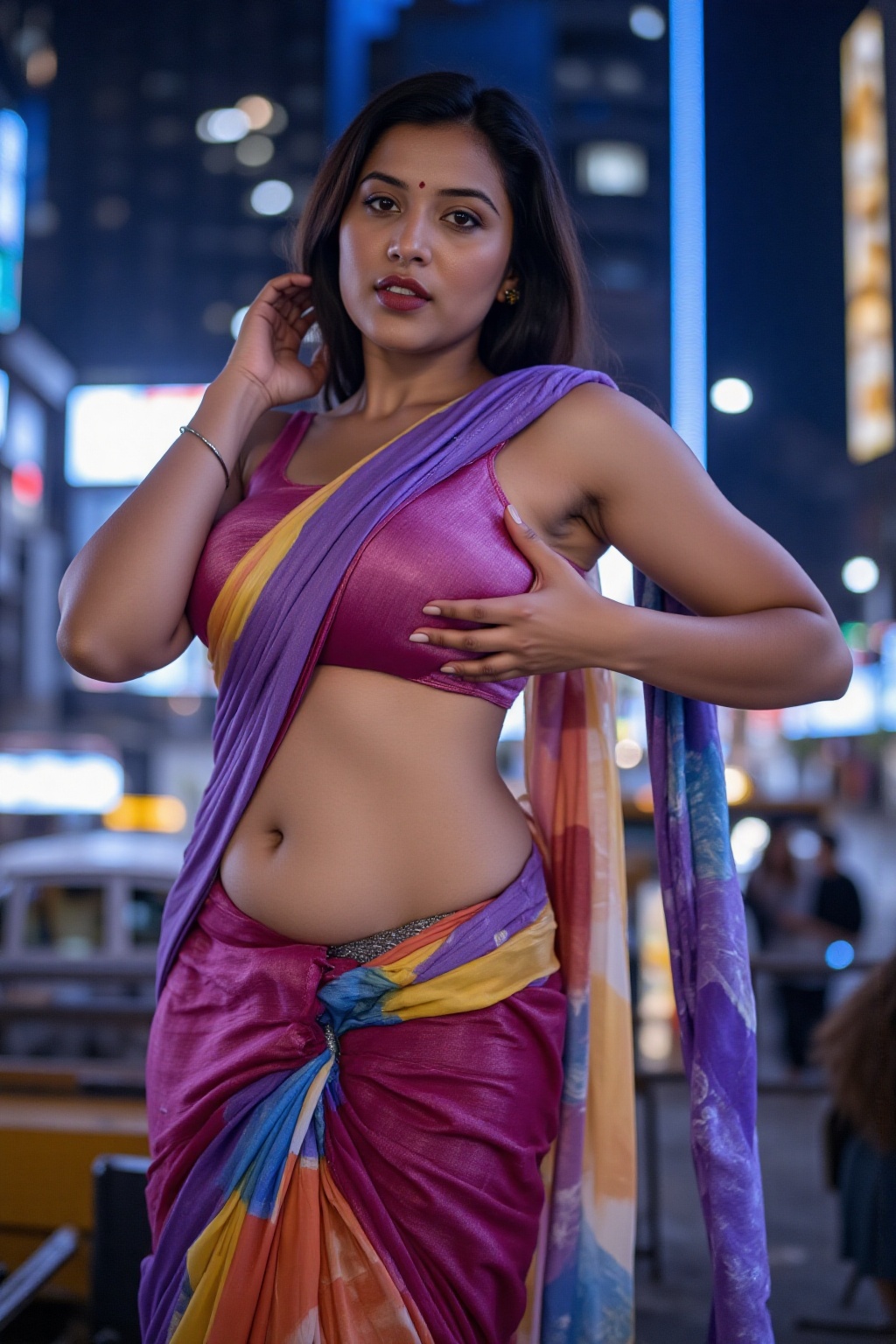 A modern,  confident woman with a muscular yet feminine physique,  wearing a vibrant on Tensor.Art