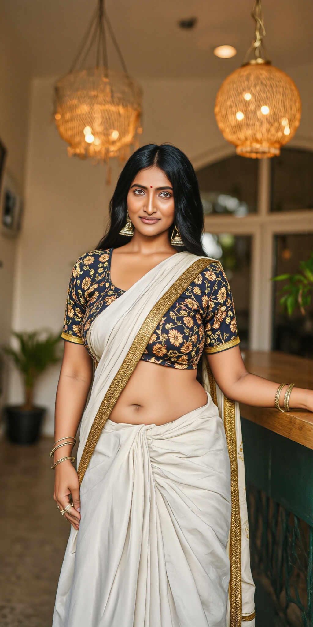 A highly realistic portrait of a young Indian woman in a traditional white and gold Kerala saree,  show her navel,  sittin...