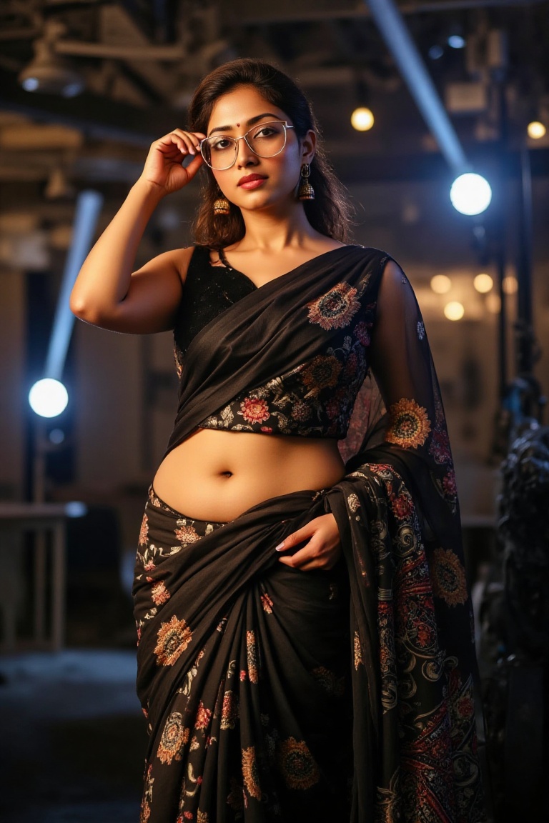 A high-fashion editorial shot of Nandhini,  a stunning Indian woman with caramel skin and dark expressive eyes,  wearing o...