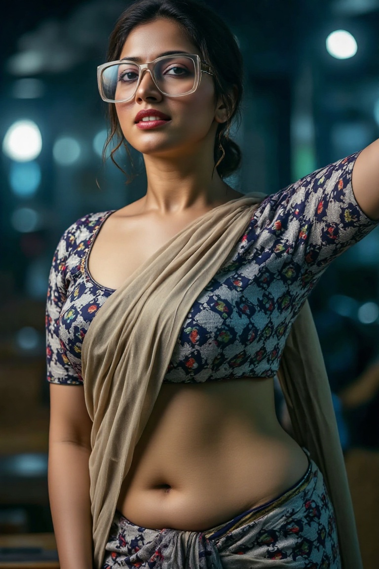 A high-fashion editorial shot of Nandhini,  a stunning Indian woman with caramel skin and dark expressive eyes,  wearing o...