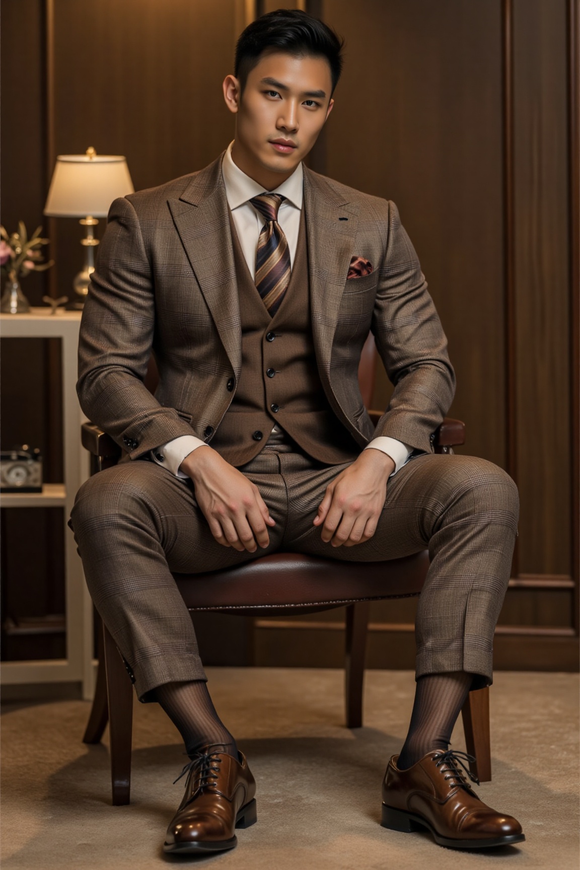 A handsome male model wear a brown checkered formal suit,  paired with a brown vest,  a brown - and - black striped tie on...