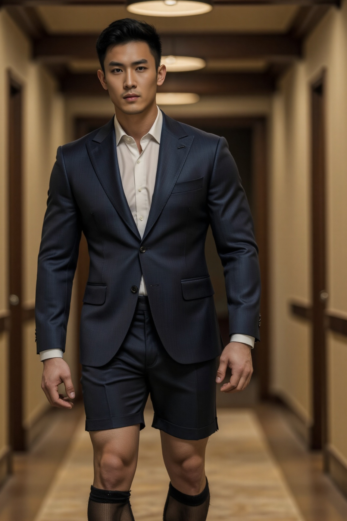 In the indoor corridor with interlaced light and shadow,  a male model walks steadily. His formal wear is mainly navy blue...