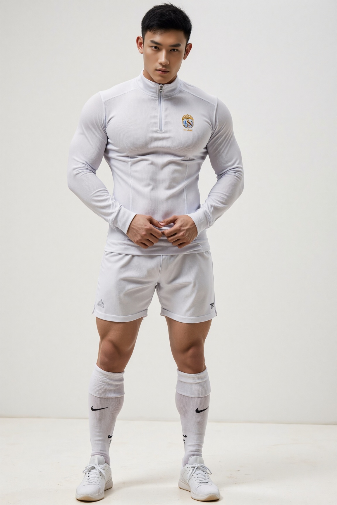 Create a high-definition masterpiece in realistic style. The main subject is a man wearing sportswear,  paired with white...
