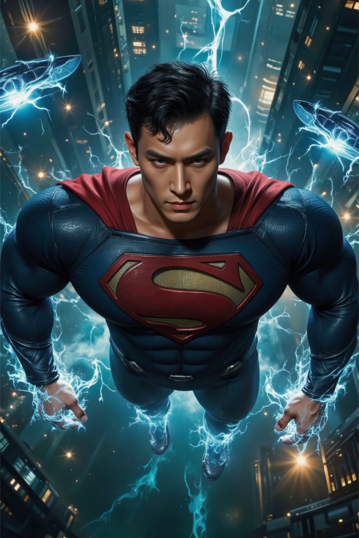 Above a futuristic metropolis,  Superman weaves through glowing hover - trains to intercept alien invaders. His eyes are a...